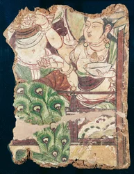 Fragment dat een Boeddhistisch paradijs afbeeldt, uit Duldur-Aqur, Xinjiang, c.700 AD